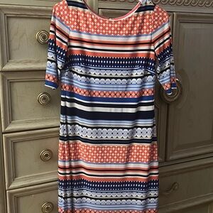 Eliza J Pink and Blue Sheath Dress with Bateau Neckline